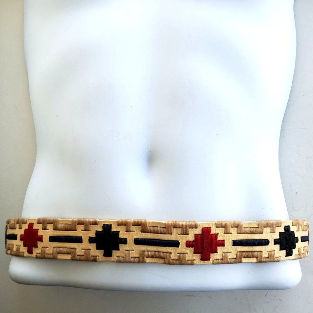 Vintage Handmade Rustic Cowhide Belt Mens Medium Wax Thread Embroidery